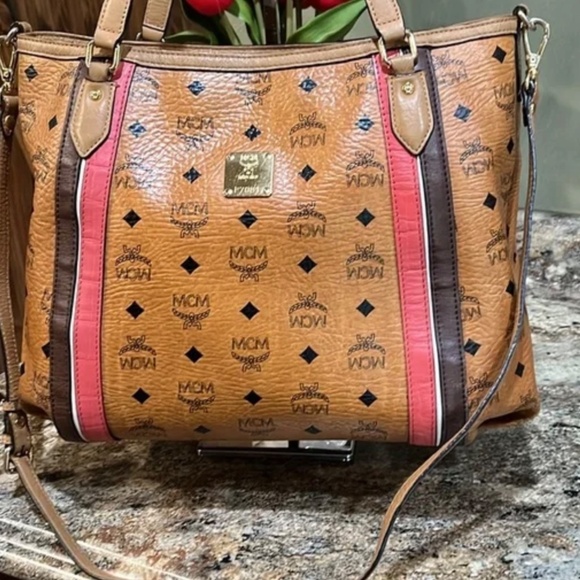 MCM 🎁EUC Visetos Striped Tote Cognac Tote Bag - Picture 2 of 11